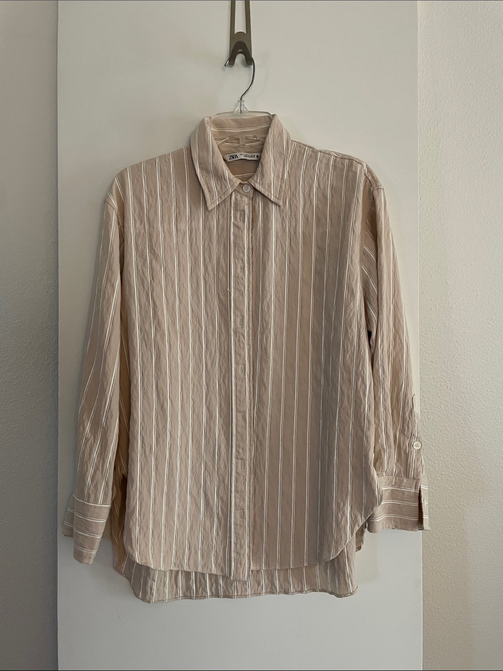 ZARA Beige Long Sleeve Striped Button Down Shirt Top Blouse